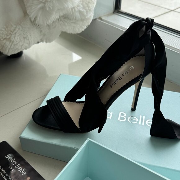 BELLA BELLE Black Ribbon Tie Heels with Ankle Bow - Picture 2 of 5